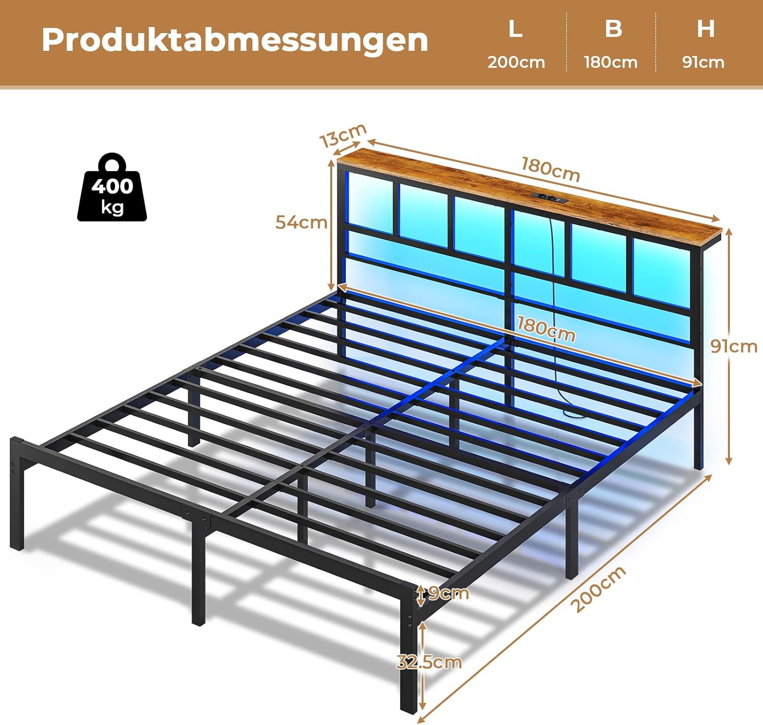 AOGLLATI tapecirani krevet 160 x 200 cm, bračni okvir kreveta, okvir kreveta s LED rasvjetom i stanicom za punjenje - Slika 5