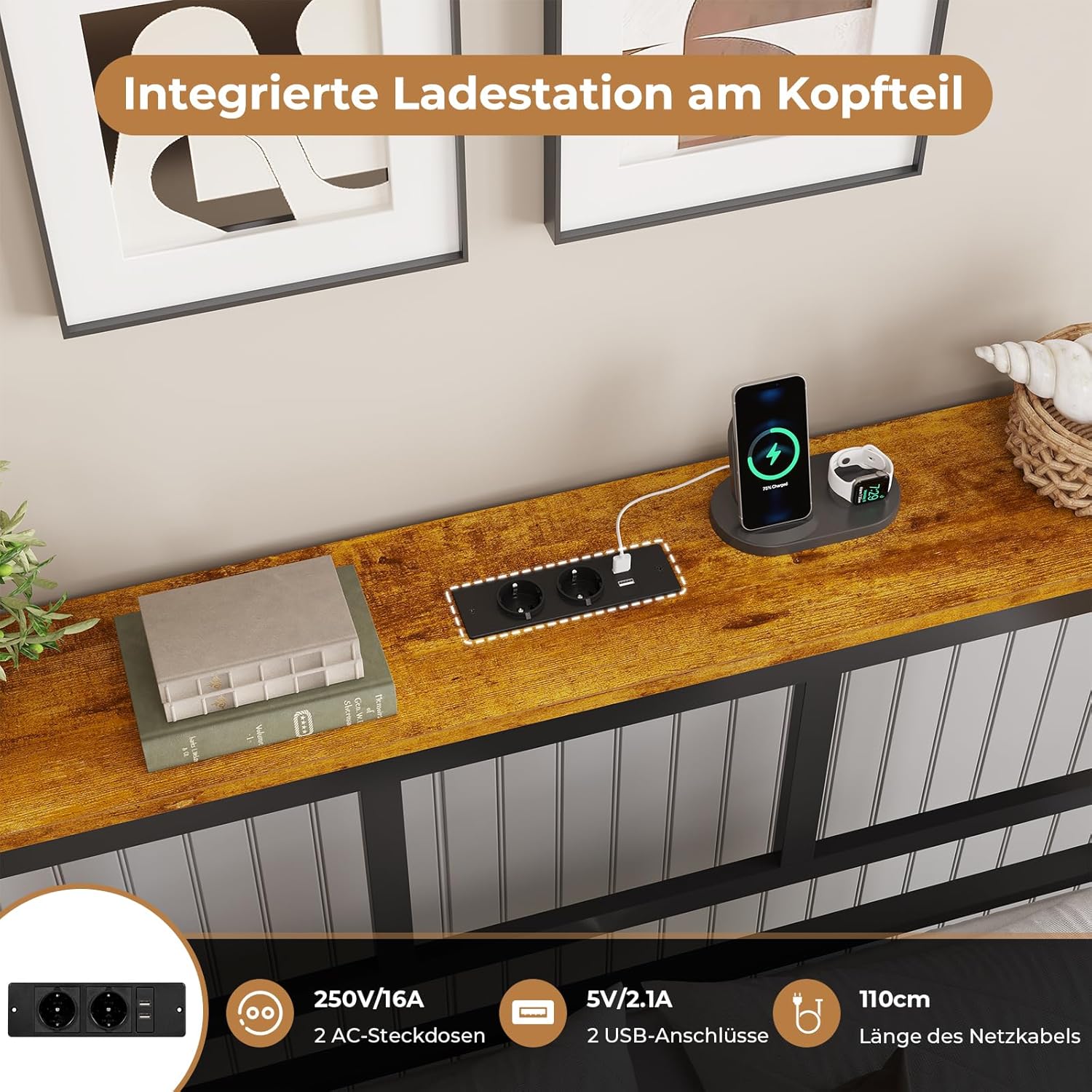 AOGLLATI tapecirani krevet 160 x 200 cm, bračni okvir kreveta, okvir kreveta s LED rasvjetom i stanicom za punjenje - Slika 6
