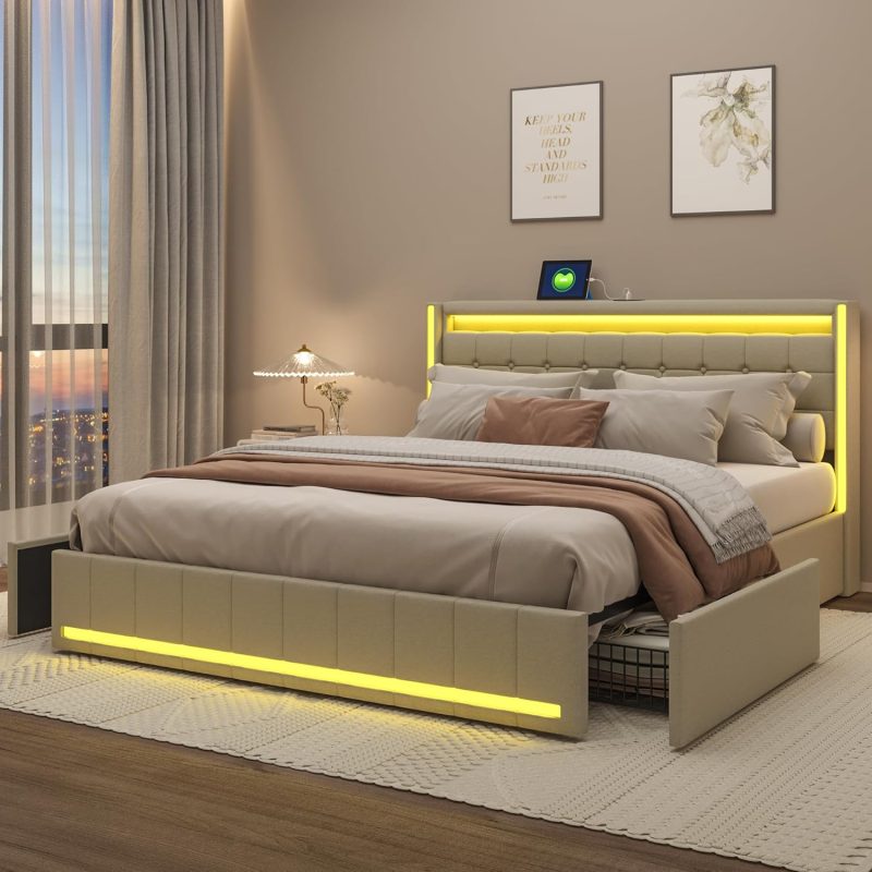 Tapecirani krevet  Beige 02 ADFUNIT 160 x 200 cm s LED uzglavljem i USB priključkom