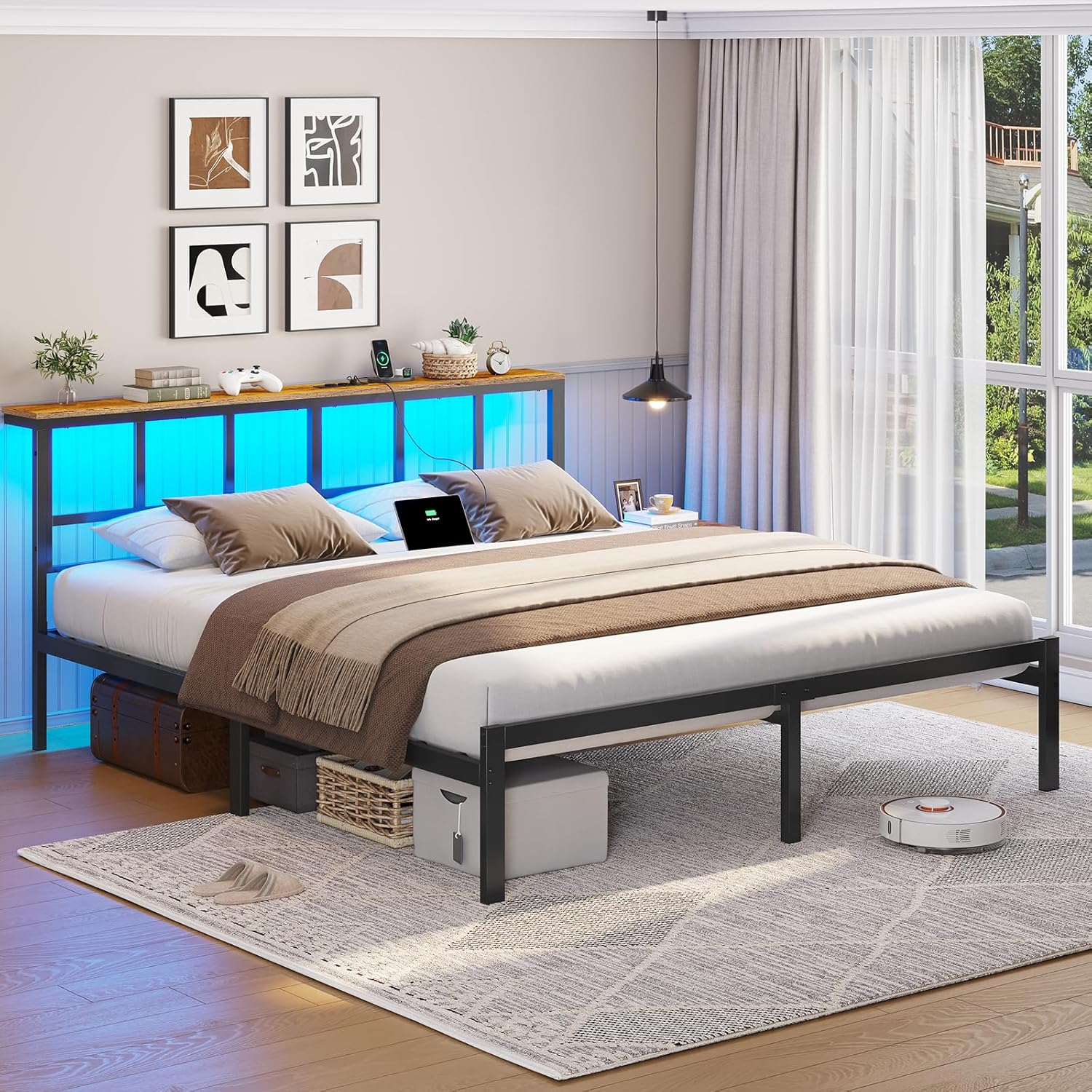 AOGLLATI tapecirani krevet 160 x 200 cm, bračni okvir kreveta, okvir kreveta s LED rasvjetom i stanicom za punjenje - Slika 3