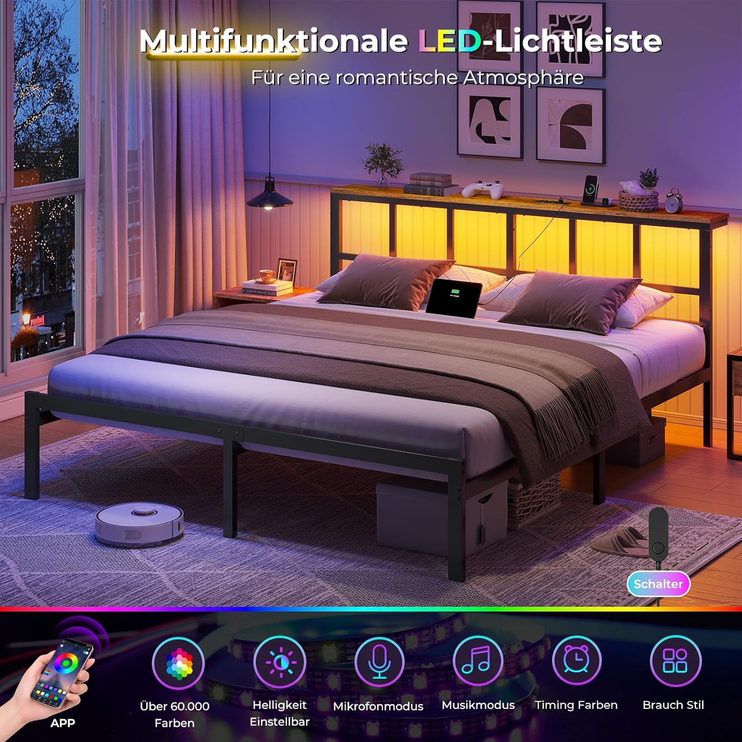 AOGLLATI tapecirani krevet 160 x 200 cm, bračni okvir kreveta, okvir kreveta s LED rasvjetom i stanicom za punjenje - Slika 2