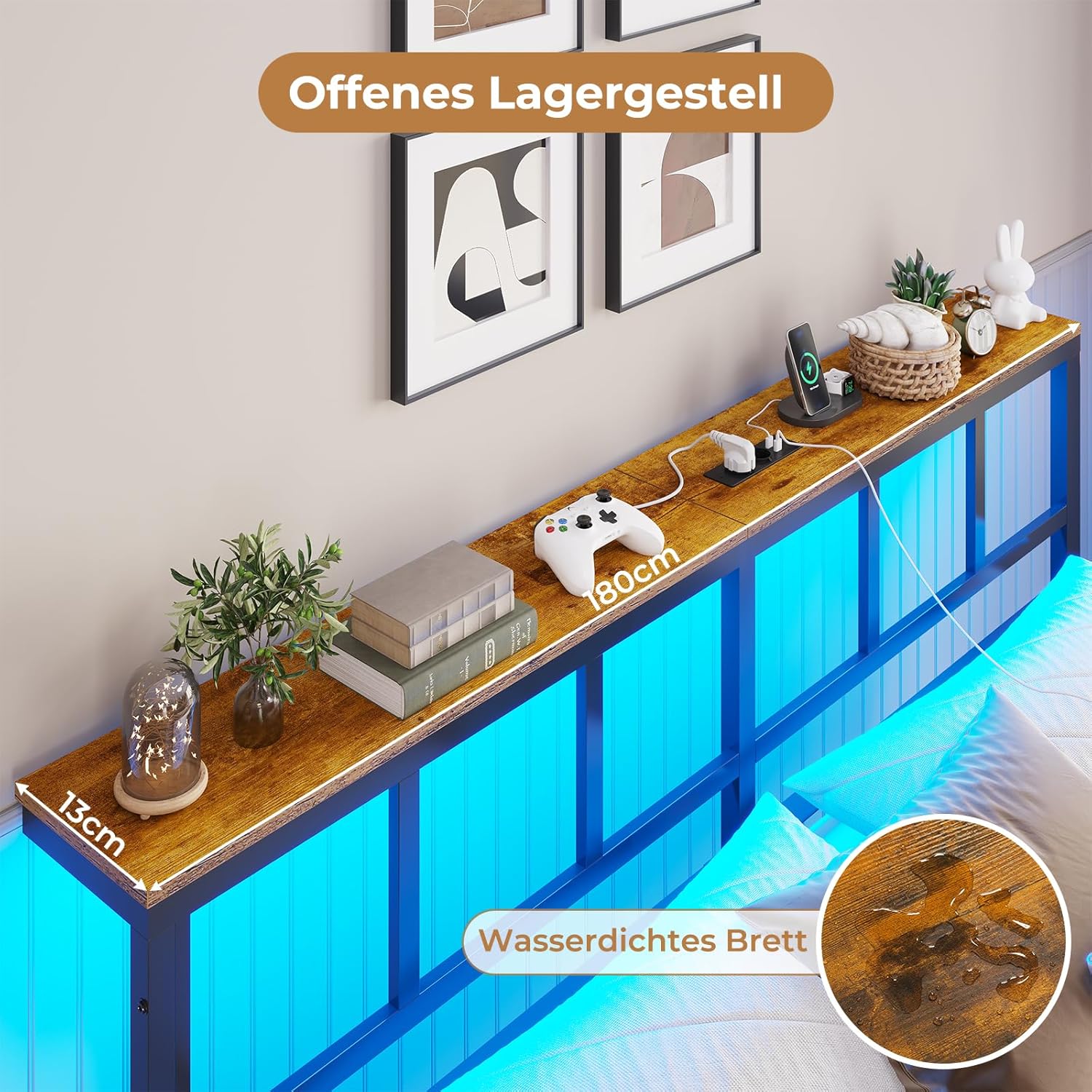 AOGLLATI tapecirani krevet 160 x 200 cm, bračni okvir kreveta, okvir kreveta s LED rasvjetom i stanicom za punjenje - Slika 4