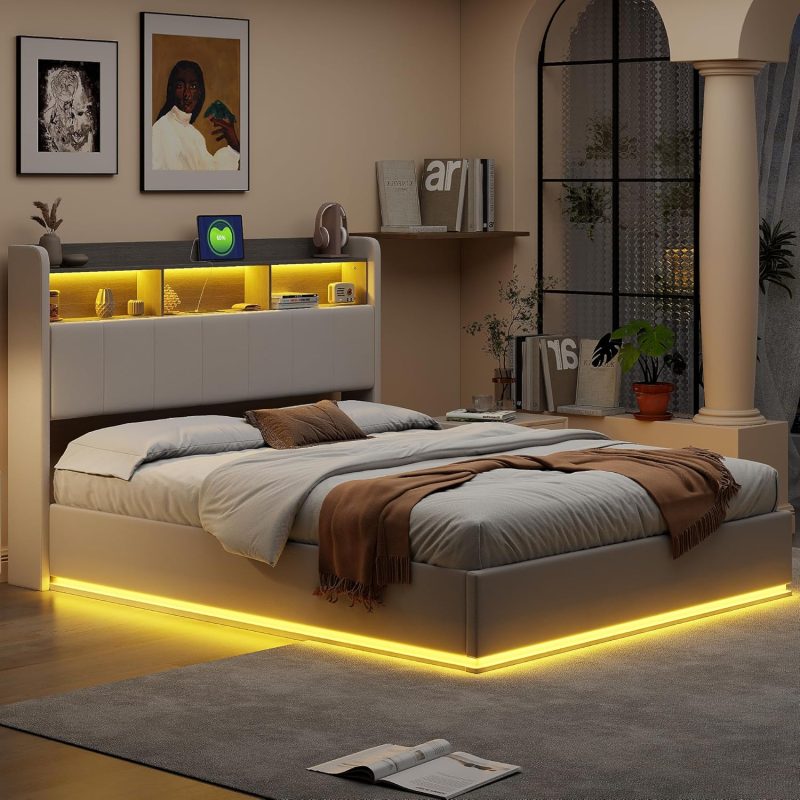 ADFUNIT Tapecirani krevet 140 x 200 cm LED bračni krevet s uzglavljem za odlaganje i USB funkcijom punjenja