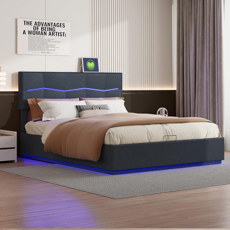 Tapecirani krevet ADFUNIT Black 140 x 200 cm s LED-om i prostorom za pohranu