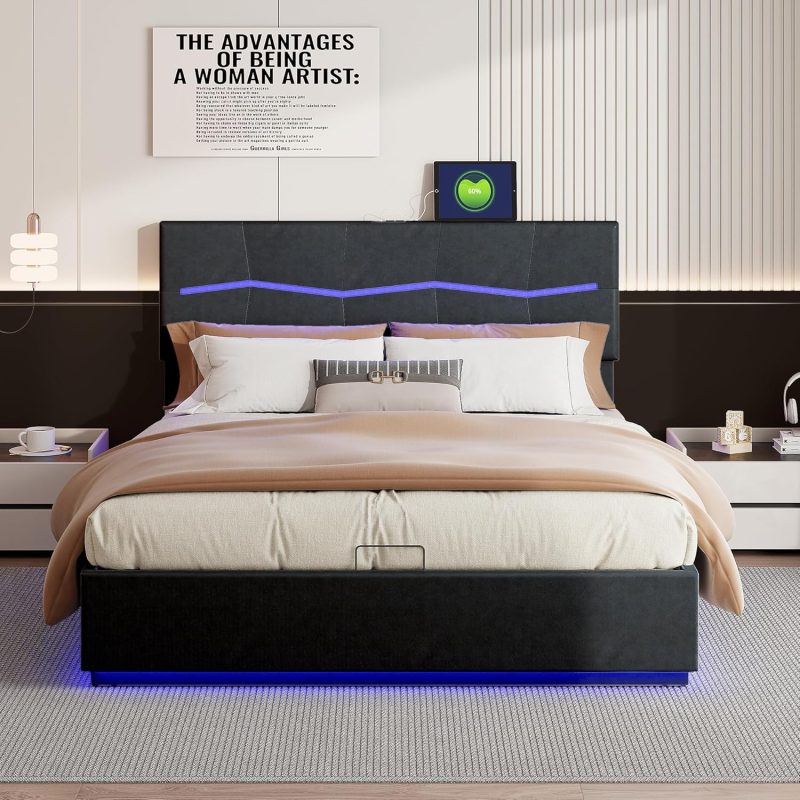 Tapecirani krevet ADFUNIT Black 160 x 200 cm s LED-om i prostorom za pohranu