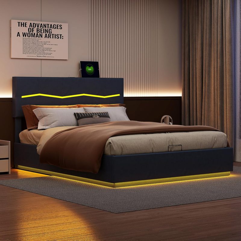 Tapecirani krevet ADFUNIT Black 180 x 200 cm s LED-om i prostorom za pohranu