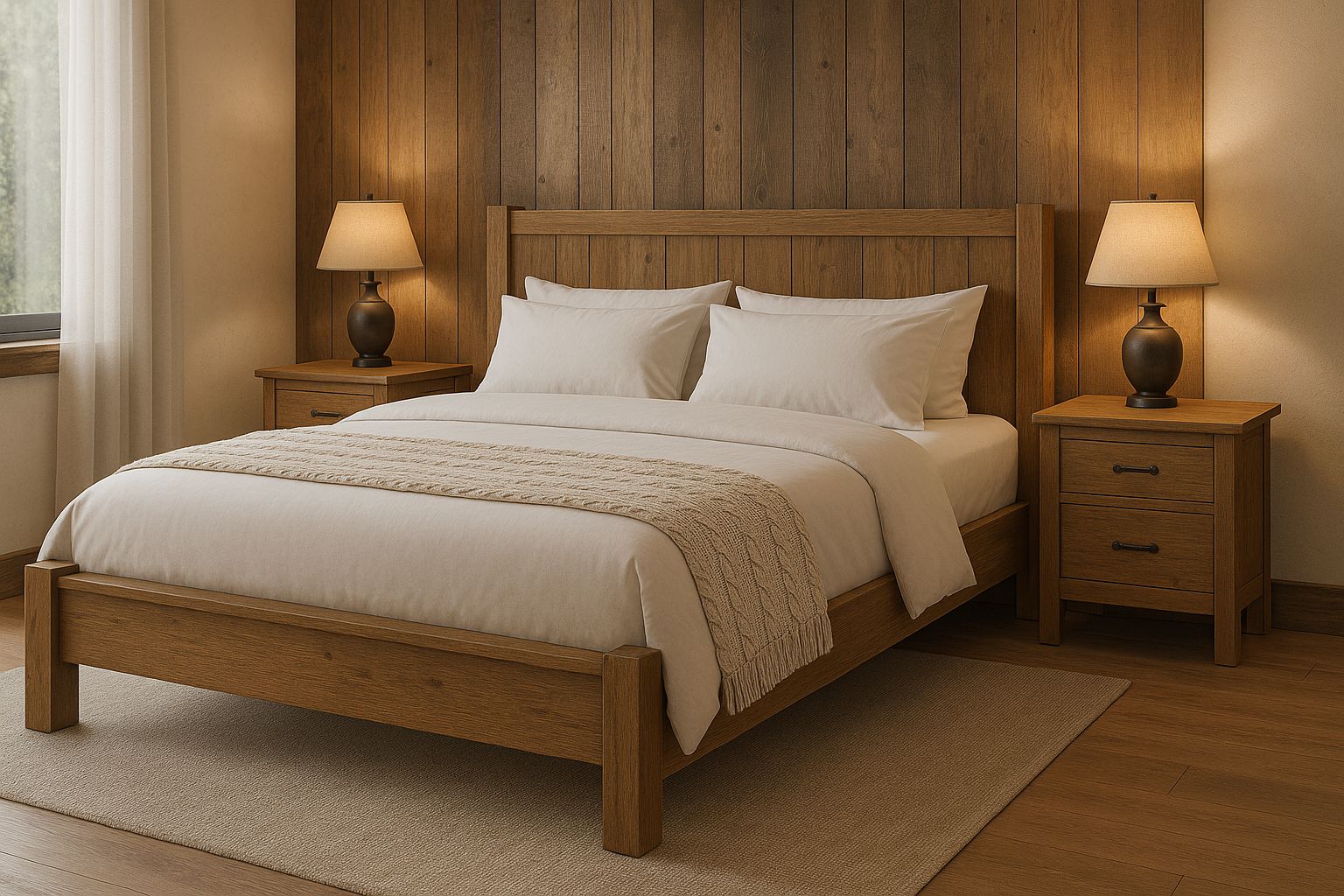 Spavaća soba u toplim zemljanim tonovima s prirodnim tekstilima