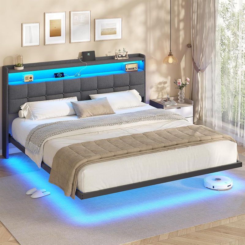 AOGLLATI tapecirani krevet 180 x 200 cm, bračni okvir kreveta, okvir kreveta s LED rasvjetom i stanicom za punjenje