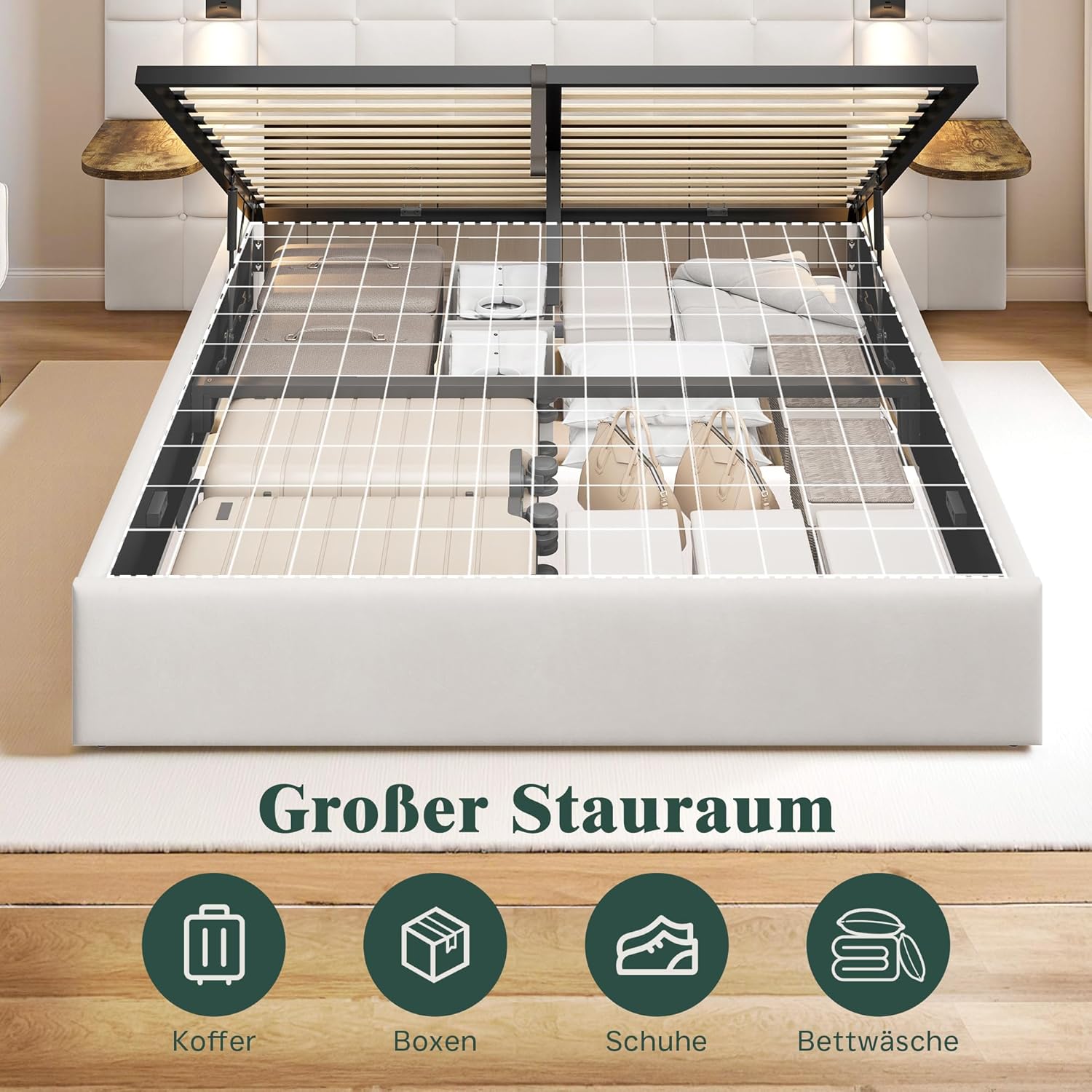LUXOAK White tapecirani krevet 140 x 200 cm s prostorom za pohranu - Slika 6