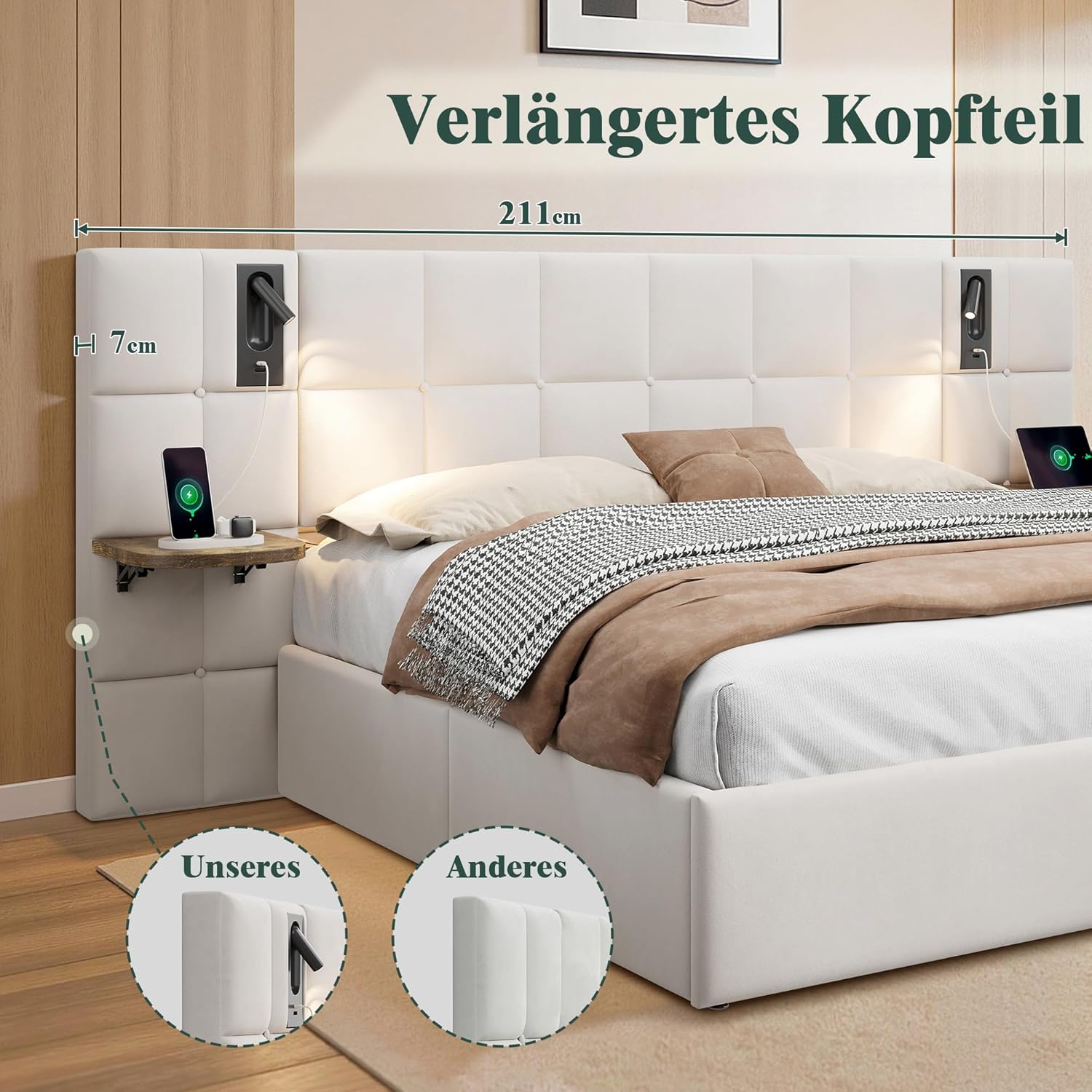 LUXOAK White tapecirani krevet 140 x 200 cm s prostorom za pohranu - Slika 3