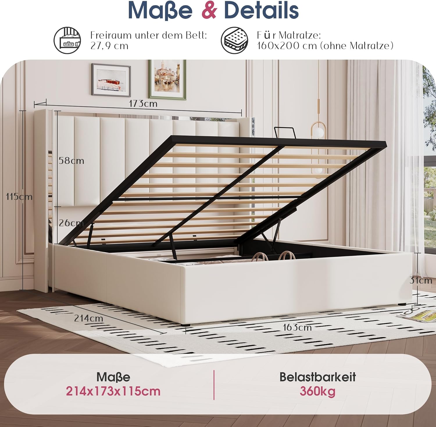 LUXOAK tapecirani krevet 160 x 200 cm s prostorom za odlaganje - Slika 4