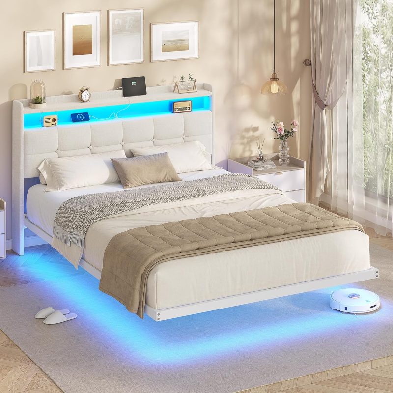 AOGLLATI White tapecirani krevet 140 x 200 cm, bračni okvir kreveta, okvir kreveta s LED rasvjetom i stanicom za punjenje