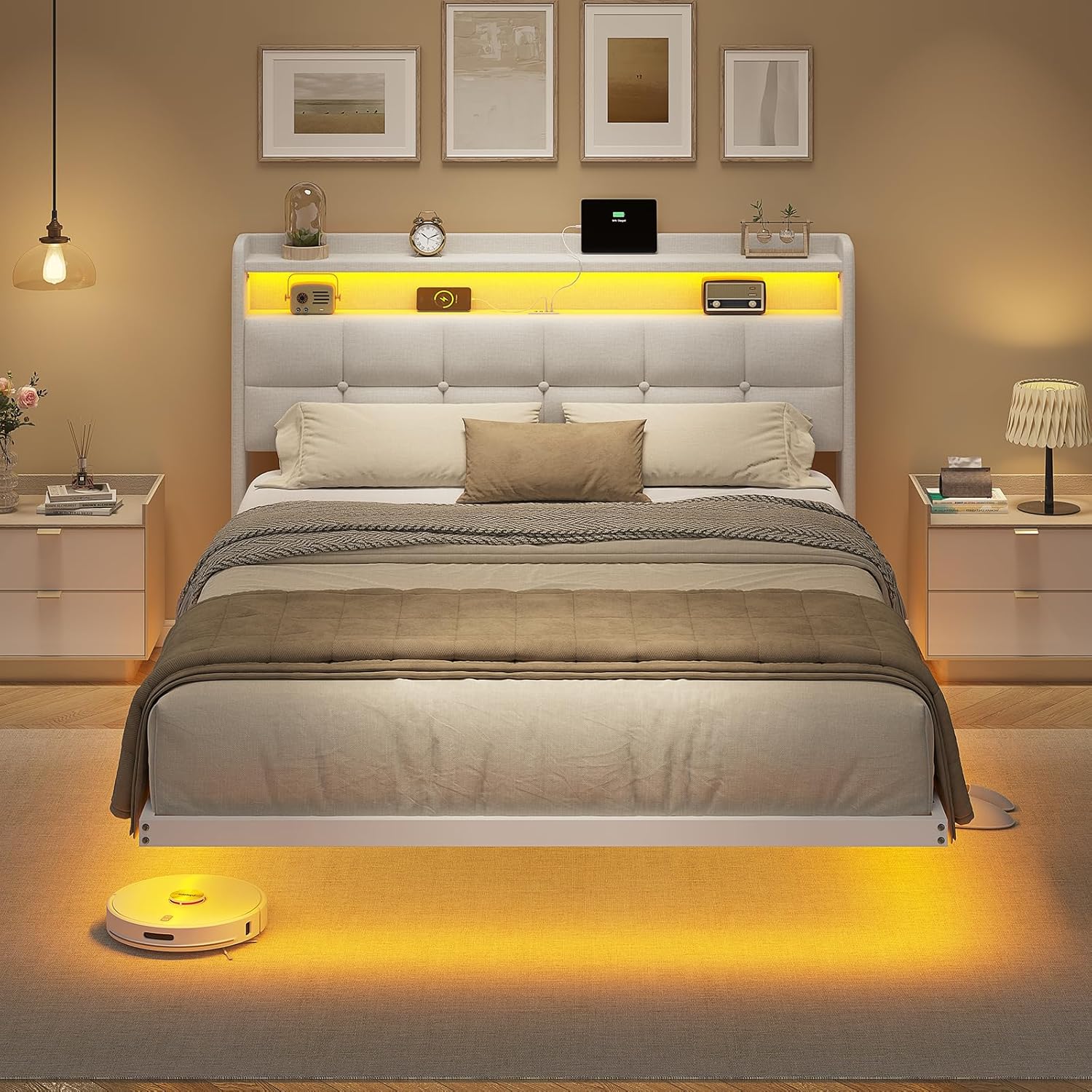 AOGLLATI White tapecirani krevet 140 x 200 cm, bračni okvir kreveta, okvir kreveta s LED rasvjetom i stanicom za punjenje - Slika 2
