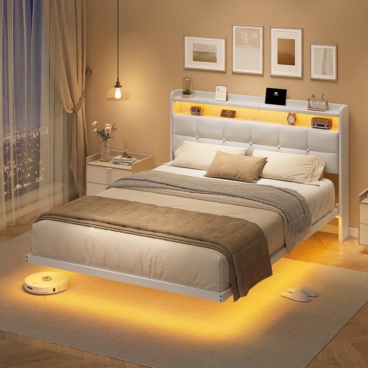 AOGLLATI White tapecirani krevet 140 x 200 cm, bračni okvir kreveta, okvir kreveta s LED rasvjetom i stanicom za punjenje - Slika 4